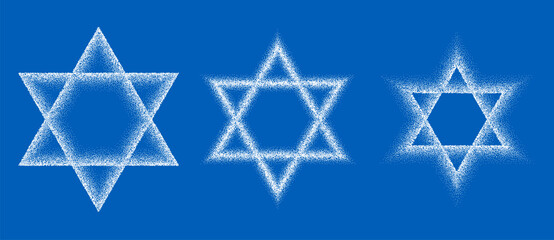 Abstract Star of David with six corners. Dotted art design stars as logo or icon. A white figures on the blue background.