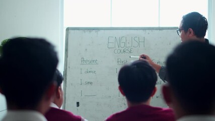 Male Teacher In Glasses Presents An English Lesson On Verb Tenses To Students In Classroom