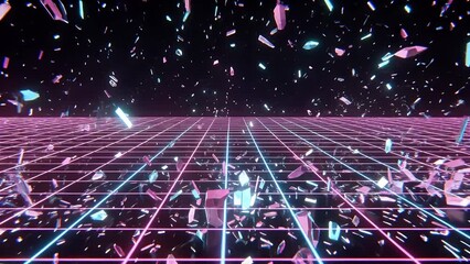 Shattered glass pieces float above a neon grid in a dark void - Powered by Adobe