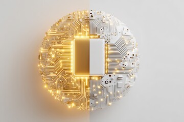 A dual-core floating AI engine slowly merging, each side glowing with independent circuit lines, caught mid-fusion on a white background. 