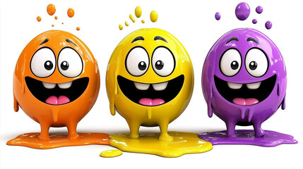 Fototapeta premium Cartoon Egg Characters Painted with Orange Yellow and Purple Paint on White Background