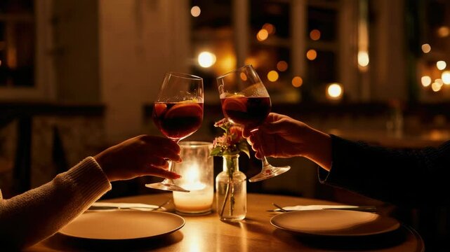 Two people toasting wine glasses in dimly-lit restaurant setting