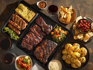 A delicious feast with grilled meats and delightful sides perfect for a cozy gathering top down view