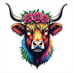 Colorful bull head with flower crown illustration