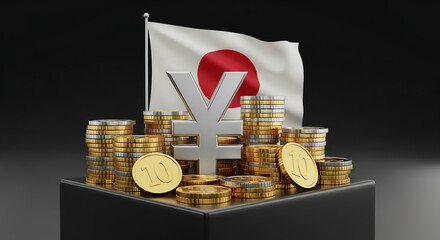 Japanese Yen Currency Coins Stacked With Flag Symbolizing Economy