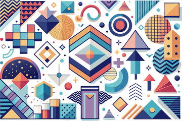 Modern basic shapes set star, arrow, triangle, circle, heart, zigzag, spiral, wavy lines. Trendy Memphis geometric pattern vector