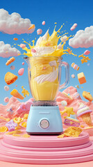 Whimsical dessert blender explosion with whipped cream candy cookies pastel colors surreal fantasy food concept clouds sky sweets fun dreamlike confection swirl motion splash vibrant landscape treat