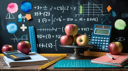 Educational flat lay featuring math chalkboard, school accessories, apple stack, calculator and geometry tools for academic learning or teacher resource visuals.