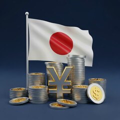 Japanese Yen Currency Symbol With Japanese Flag And Coins