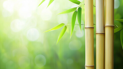 Realistic bamboo stalks with green leaves