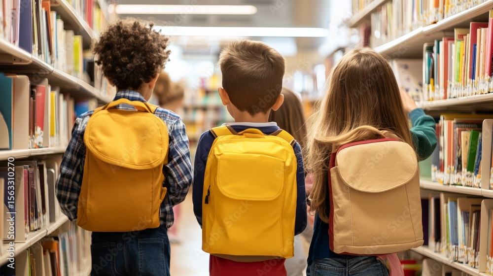Poster elementary school students walking through the library, navigating between bookshelves while wearing