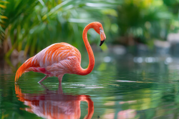 Fototapeta premium Flamingo Wading in Tropical Water with Bright Colors