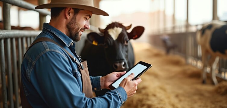 Farmer uses digital tablet managing livestock, inspecting cattle health in barn. Modern agricultural tech for animal husbandry, sustainability, monitoring and traceability. Agriculture farming.