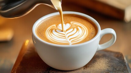 Delicate latte art in a white mug at a cozy caf, showcasing the beauty of artisanal skills.