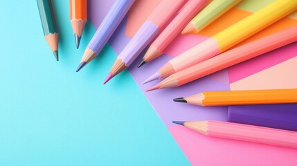 Naklejka premium Pastel colored pencils arrangement on geometric shapes for creative art
