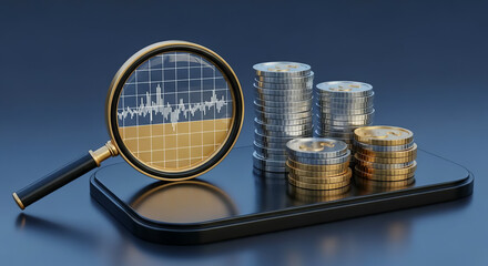 Magnifying Glass Analyzes Stock Market Trends with Coins on Phone