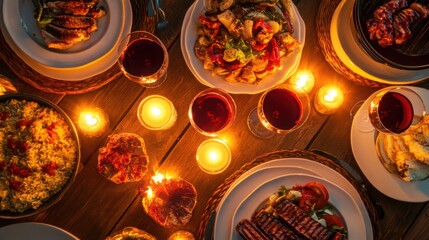 A warmly lit dinner table set for a celebratory meal with wine and candles creating a cozy