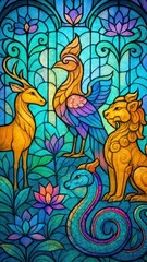 Vibrant mythical creatures stained-glass