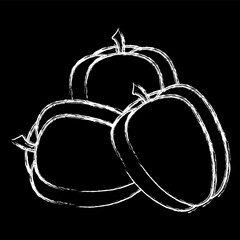 Three bell peppers with white chalk outline on black background. Vegetables. Vector illustration for cook book, recipe, print.