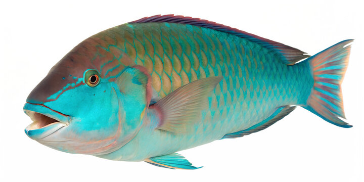 A vibrant parrotfish with a turquoise body and pink accents. The fish is depicted against a transparent background, showcasing its detailed scales and features.