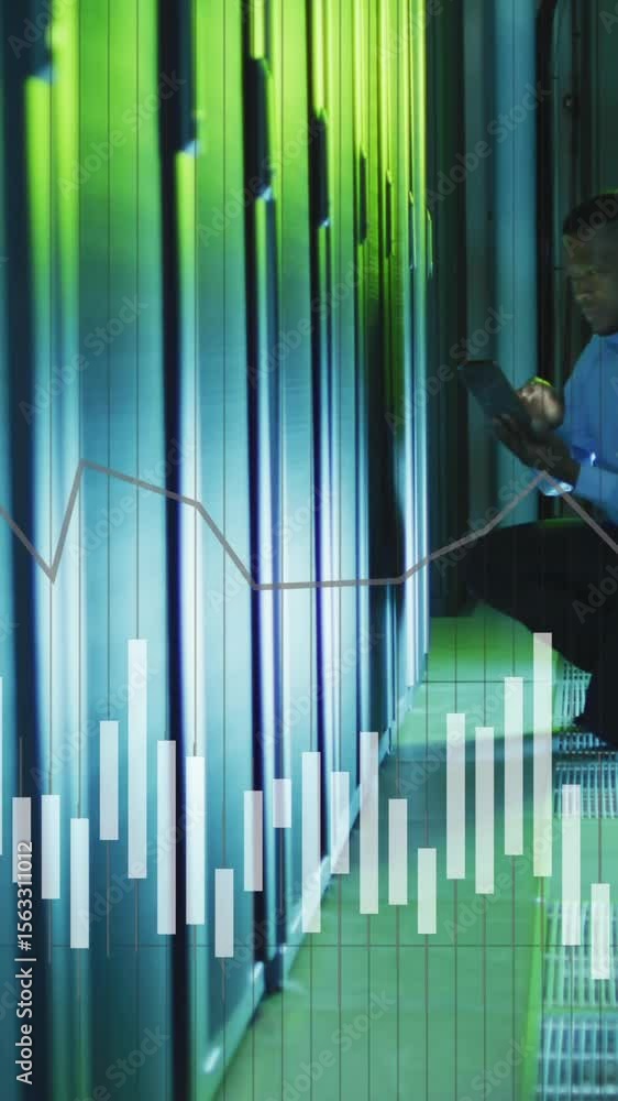 Poster animation of data processing over african american male it engineer and computer servers