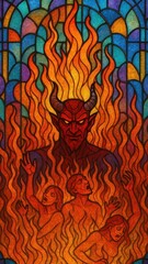 Fiery stained glass art depiction.