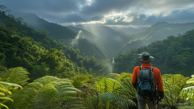 Man With Backpack Enjoying the Panoramic Vista in Lush Tropical Rainforest
