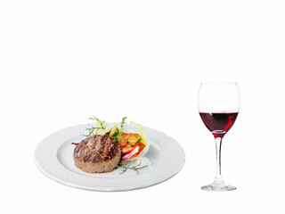 Grilled Beef Patty with Salad and Red Wine 