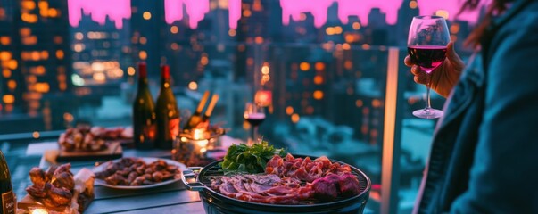 A rooftop barbecue under the vibrant twilight savoring wine and grilled meats against the city