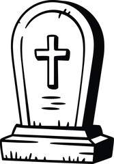 Obraz premium Gravestone Line Art Vector – Hand Drawn Tombstone with Cross Illustration