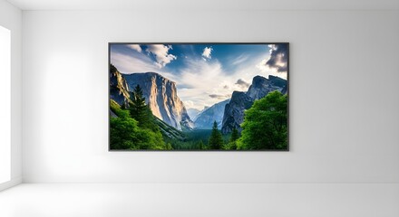 Fototapeta premium Modern Large Screen TV Displaying Scenic Mountainous Valley Landscape on White Room Wall isolated PNG with Transparent Background
