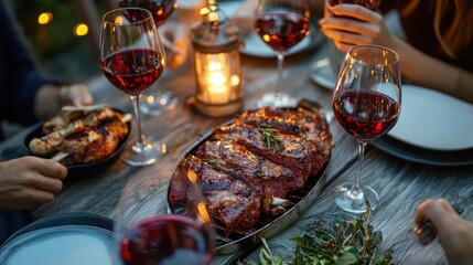 A celebratory feast of grilled steak and red wine under soft candle light for warm intimate