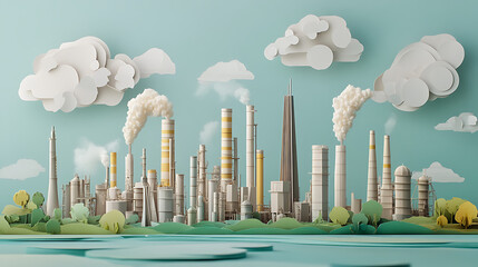A city skyline with a large industrial area in the background. The sky is orange and the buildings are mostly white