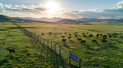 Cows graze peacefully in a vibrant green pasture under a bright sunset, showcasing rural farm life and the natural beauty of the countryside.