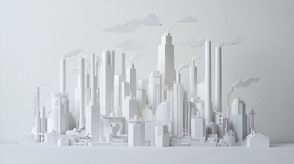 A city skyline with a large industrial area in the background. The sky is orange and the buildings are mostly white