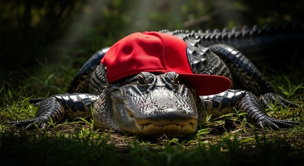Funny Alligator with Sideways Red Hat, Wildlife Close-up