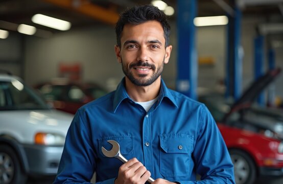 Portrait of smiling latin auto mechanic man holding wrench. Hispanic technician repairs vehicle at garage. Professional car maintenance service. Technician wearing blue shirt in auto repair shop.
