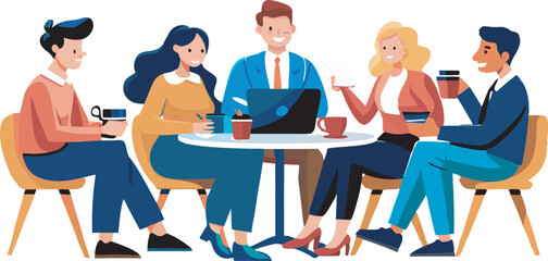 This collection of images depicts illustrations of business meetings or team collaborations, with people gathered around tables and interacting