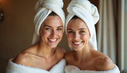 Two women smiling after spa treatment. Towels wrapped around heads. Both wear white bathrobes. Beautiful, relaxed faces, natural make-up. Facial skin care, wellness. Friends, sisters mother, daughter