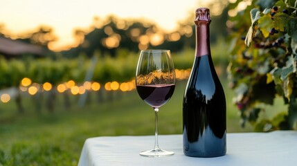 Tasting the vineyard s bounty A glass of red wine enjoys sunset with bokeh lights in the winery s