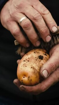Fingers gently brush away loose soil from a freshly harvested potato, revealing its clean, earthy, and vibrant skin, a close-up of natural goodness.