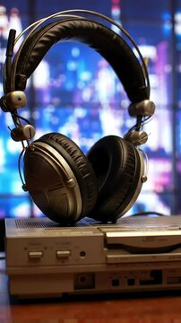 Vintage headphones connected to a cassette player rest on a desk, overlooking a vibrant neon cityscape through a window.