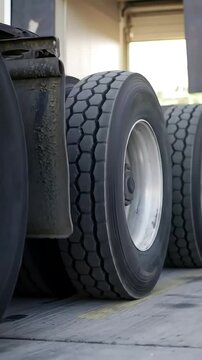Heavy-duty ATV wheels prominently featured as the vehicle carefully backs towards a loading dock, showcasing precision maneuvering.