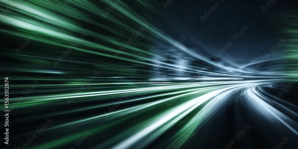 Poster dynamic futuristic green light streaks creating a sense of speed and motion in a digital background