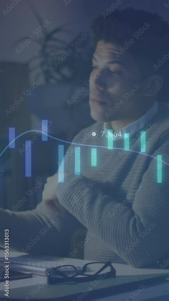 Poster animation of data processing over businessman working in office