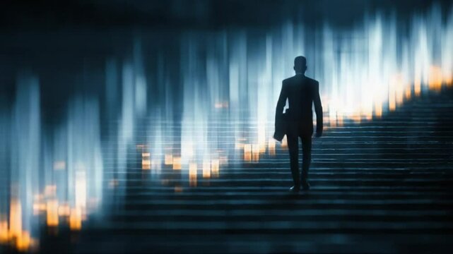 A businessman climbs a staircase, symbolizing progress and upward mobility in career