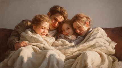 A small family snuggled under a soft blanket on a couch, relaxing together with gentle smiles, cozy and loving mood, ultra-realistic 