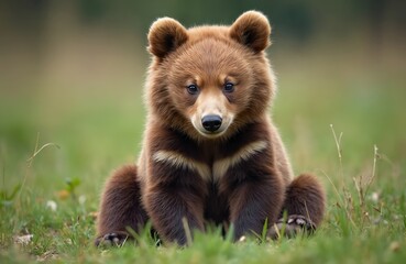 Obraz premium Cute brown bear cub sitting on green grass in field. Young wild animal with fluffy fur, looking at camera. Wildlife portrait, adorable mammal in natural eco environment. Beautiful nature.