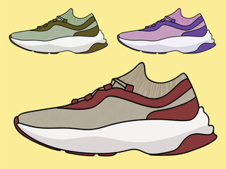 Shoes Sneakers Vector, running shoe vector illustration, shoe isolated, casual shoes hand-drawn collection full color,  Concept of fashion shoes. Vector illustration