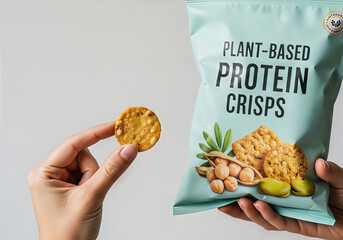 Hand holding plant based protein crisps bag with snack, suitable for vegan diets